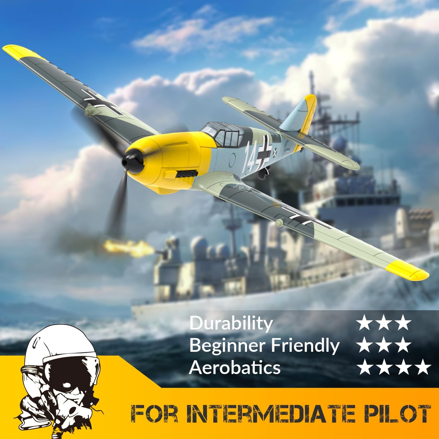 VOLANTEXRC 4-Channel RC Airplane,BF109,Fixed Wing, One-Touch Aerobatics, 400mm Wingspan, 2 Batteries, 20 Minutes Flight time, Under 100g, Suitable for Novice Outdoor Practice(RTF)