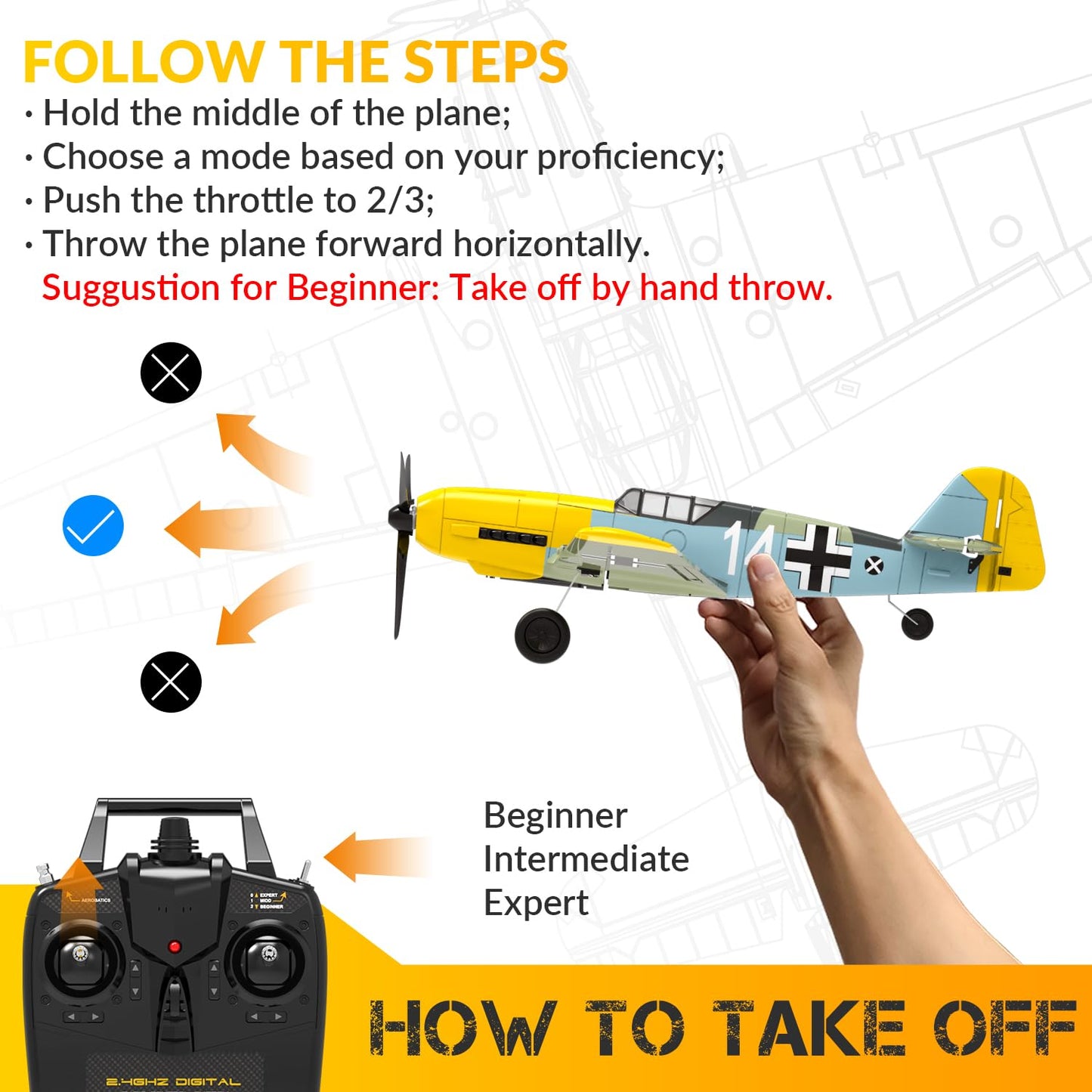 VOLANTEXRC 4-Channel RC Airplane,BF109,Fixed Wing, One-Touch Aerobatics, 400mm Wingspan, 2 Batteries, 20 Minutes Flight time, Under 100g, Suitable for Novice Outdoor Practice(RTF)