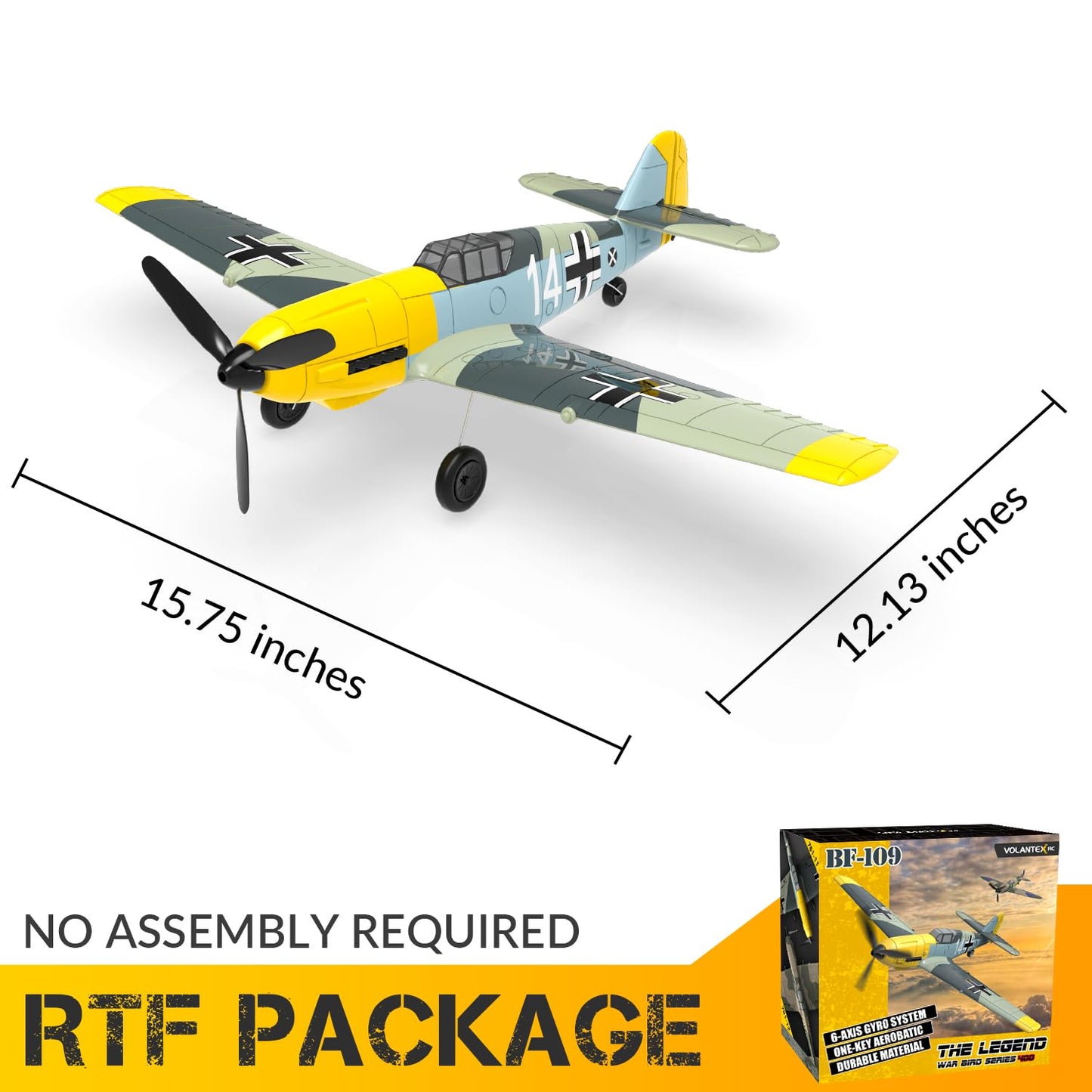 VOLANTEXRC 4-Channel RC Airplane,BF109,Fixed Wing, One-Touch Aerobatics, 400mm Wingspan, 2 Batteries, 20 Minutes Flight time, Under 100g, Suitable for Novice Outdoor Practice(RTF)