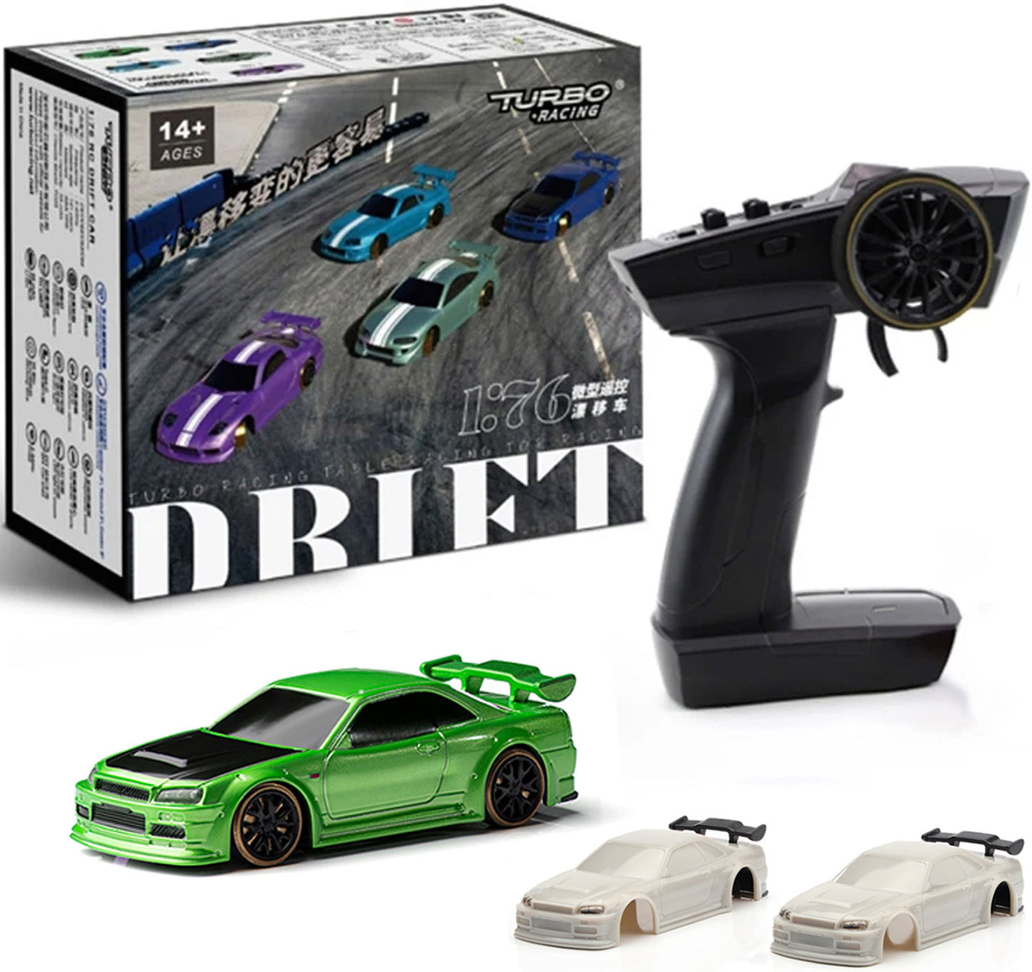 Turbo Racing 1:76 Scale Drift RC Car with Gyro Mini Full Proportional RTR 2.4GHZ Remote Control with 2 Replaceable Body Shell