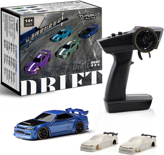 Turbo Racing 1:76 Scale Drift RC Car with Gyro Mini Full Proportional RTR 2.4GHZ Remote Control with 2 Replaceable Body Shell