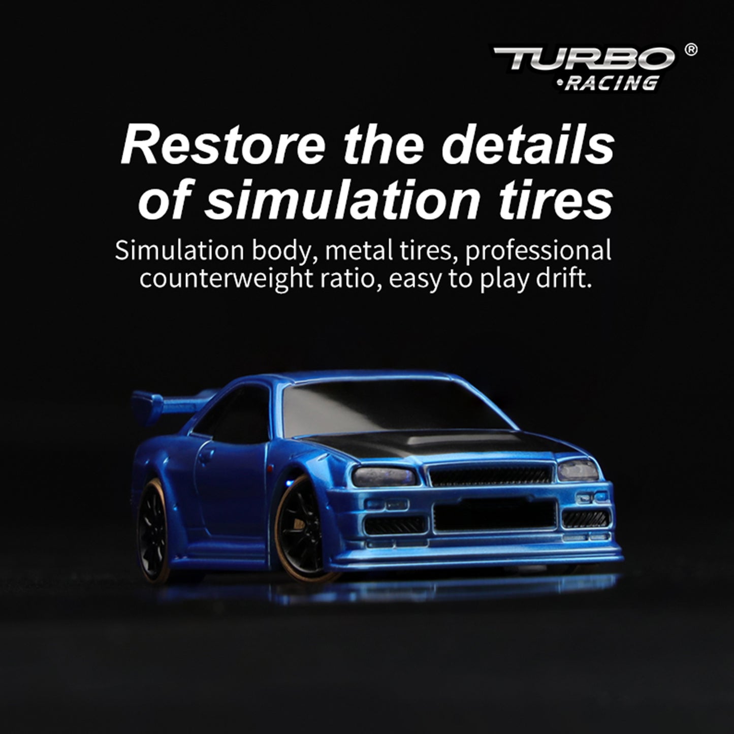 Turbo Racing 1:76 Scale Drift RC Car with Gyro Mini Full Proportional RTR 2.4GHZ Remote Control with 2 Replaceable Body Shell