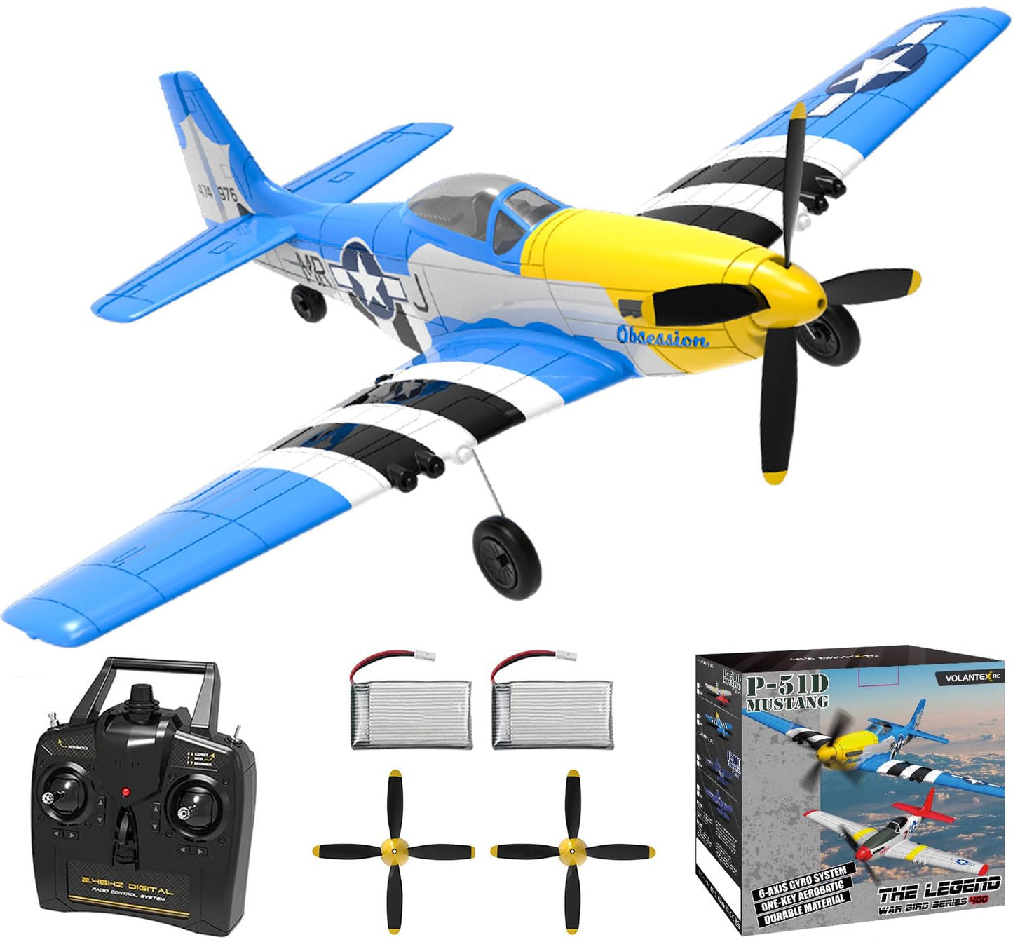 VOLANTEXRC 4-Channel RC Airplane, P51 Mustang-Blue, Fixed Wing, One-Touch Aerobatics, 400mm Wingspan, 2 Batteries, 20 Minutes Flight time, Under 100g, Suitable for Novice Outdoor Practice(RTF)