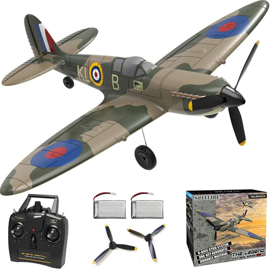 VOLANTEXRC 4-Channel RC Plane,Spitfire-Green,Fixed Wing, One-Touch Aerobatics, 400mm Wingspan, 2 Batteries, 20 Minutes Flight time, Under 100g, Suitable for Novice Outdoor Practice(RTF)