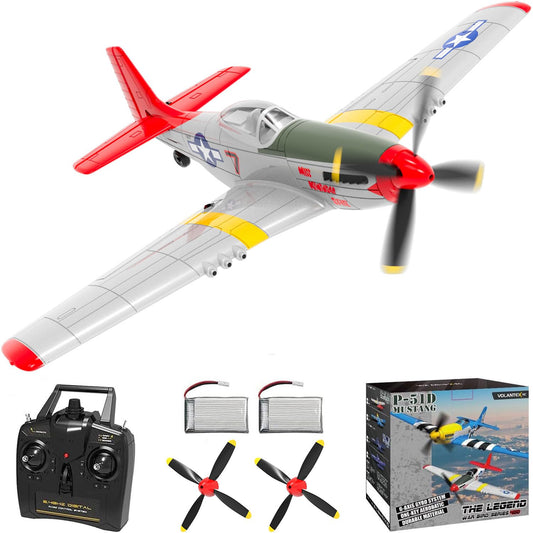 VOLANTEXRC 4-Channel RC Airplane, P51 Mustang-Red, Fixed Wing, One-Touch Aerobatics, 400mm Wingspan, 2 Batteries, 20 Minutes Flight time, Under 100g, Suitable for Novice Outdoor Practice(RTF)