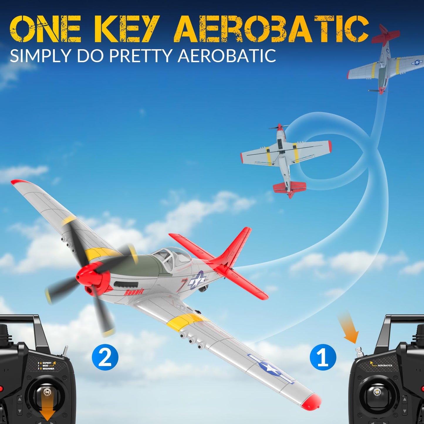 VOLANTEXRC 4-Channel RC Airplane, P51 Mustang-Red, Fixed Wing, One-Touch Aerobatics, 400mm Wingspan, 2 Batteries, 20 Minutes Flight time, Under 100g, Suitable for Novice Outdoor Practice(RTF)