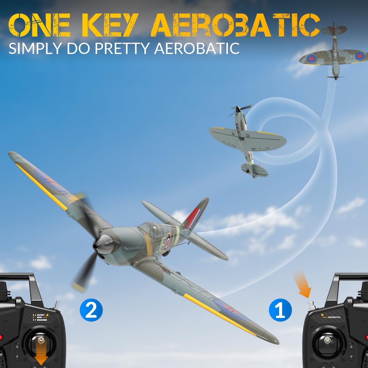 VOLANTEXRC 4-Channel RC Plane,Spitfire-Blue,Fixed Wing, One-Touch Aerobatics, 400mm Wingspan, 2 Batteries, 20 Minutes Flight time, Under 100g, Suitable for Novice Outdoor Practice(RTF)