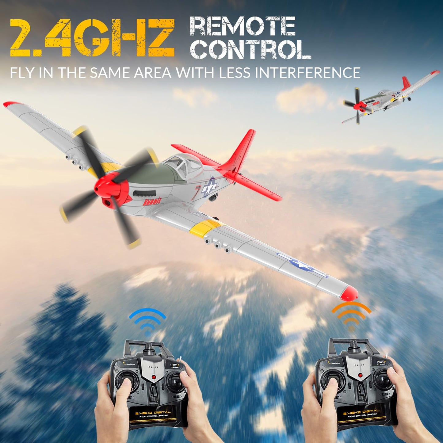 VOLANTEXRC 4-Channel RC Airplane, P51 Mustang-Red, Fixed Wing, One-Touch Aerobatics, 400mm Wingspan, 2 Batteries, 20 Minutes Flight time, Under 100g, Suitable for Novice Outdoor Practice(RTF)