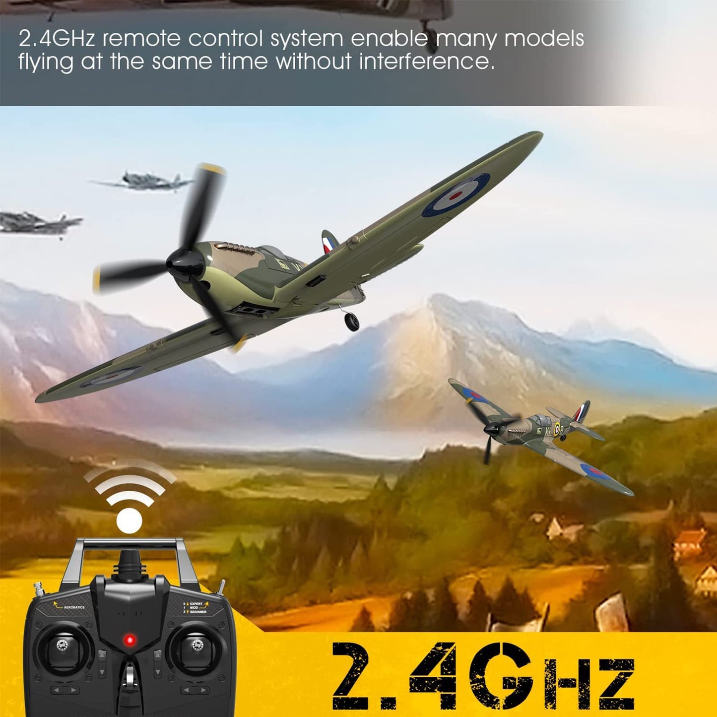 VOLANTEXRC 4-Channel RC Plane,Spitfire-Green,Fixed Wing, One-Touch Aerobatics, 400mm Wingspan, 2 Batteries, 20 Minutes Flight time, Under 100g, Suitable for Novice Outdoor Practice(RTF)