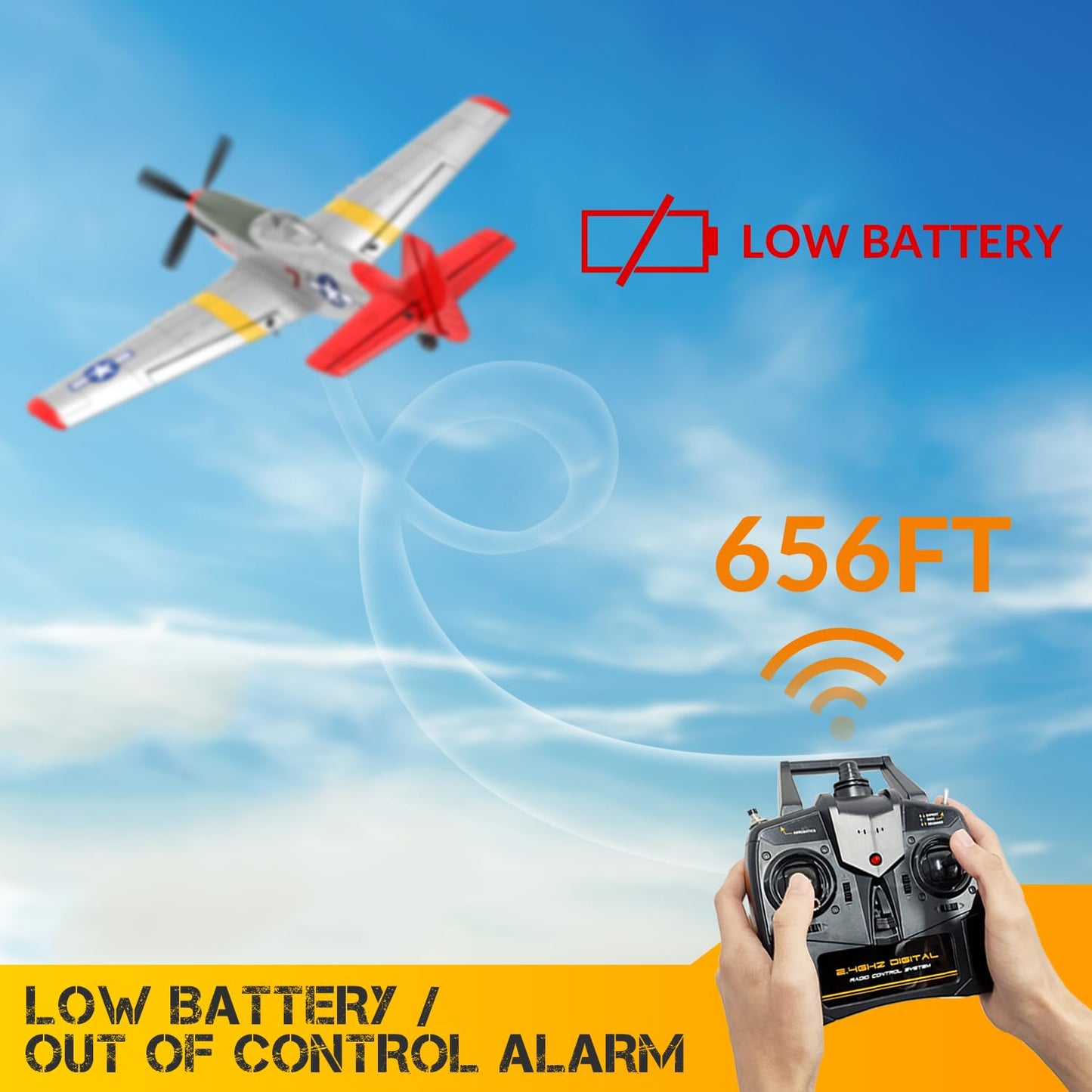 VOLANTEXRC 4-Channel RC Airplane, P51 Mustang-Red, Fixed Wing, One-Touch Aerobatics, 400mm Wingspan, 2 Batteries, 20 Minutes Flight time, Under 100g, Suitable for Novice Outdoor Practice(RTF)