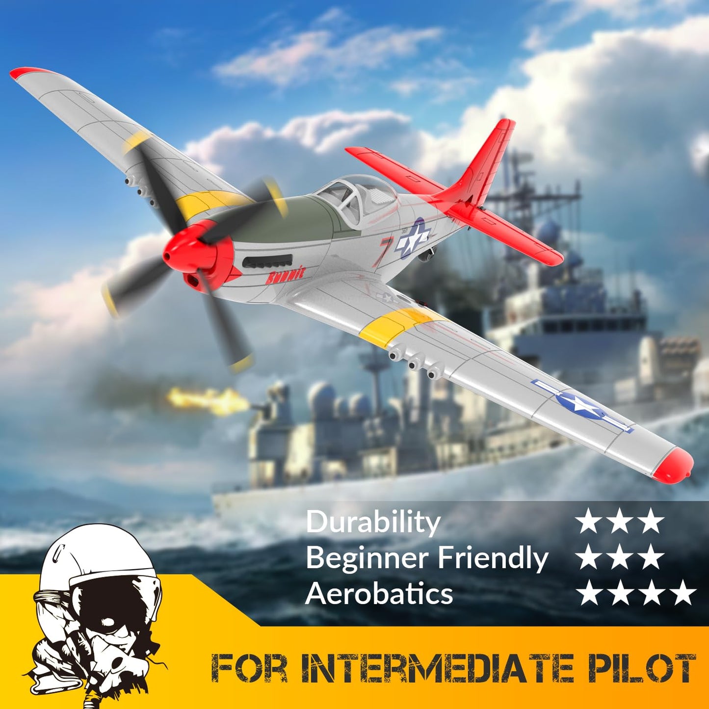 VOLANTEXRC 4-Channel RC Airplane, P51 Mustang-Red, Fixed Wing, One-Touch Aerobatics, 400mm Wingspan, 2 Batteries, 20 Minutes Flight time, Under 100g, Suitable for Novice Outdoor Practice(RTF)