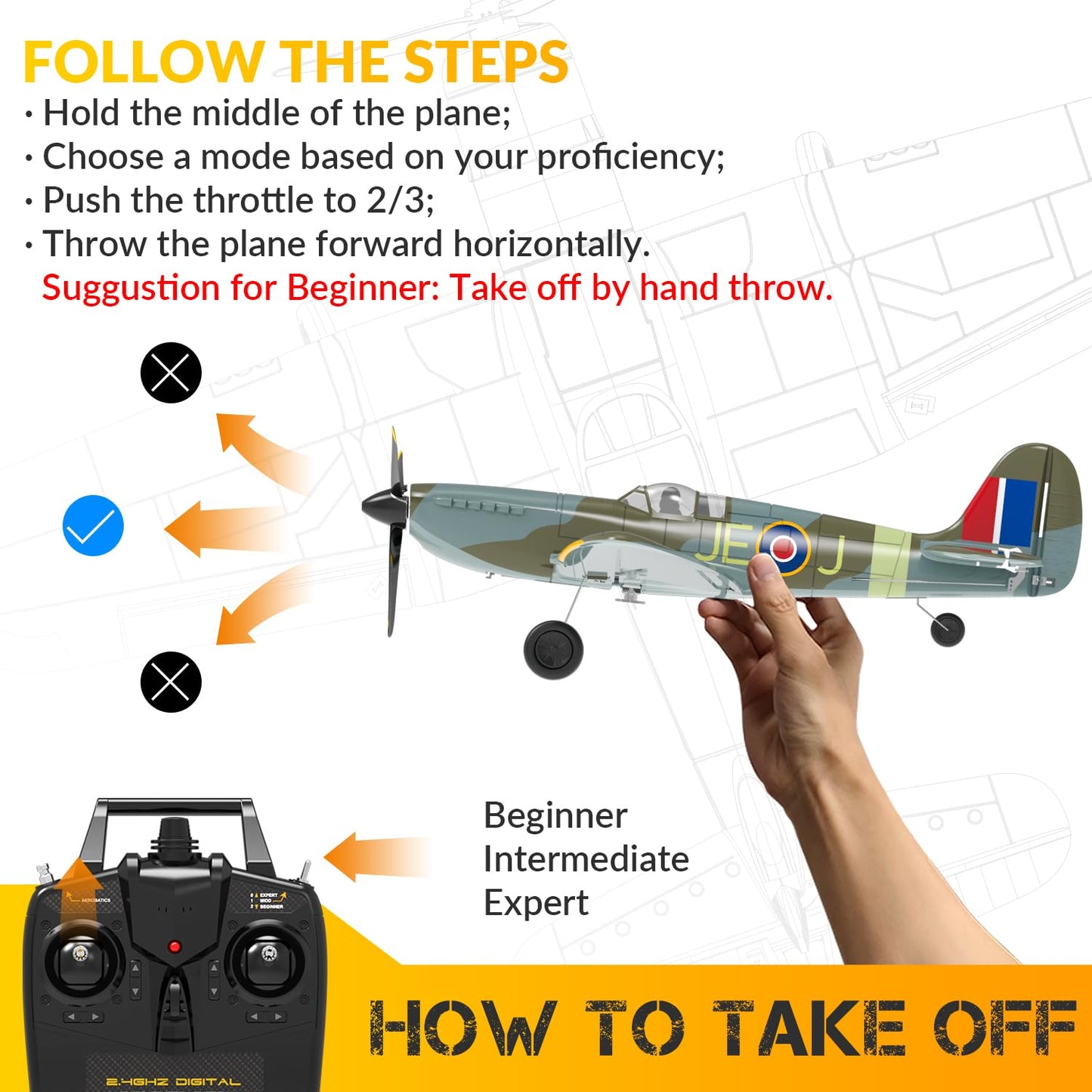 VOLANTEXRC 4-Channel RC Plane,Spitfire-Blue,Fixed Wing, One-Touch Aerobatics, 400mm Wingspan, 2 Batteries, 20 Minutes Flight time, Under 100g, Suitable for Novice Outdoor Practice(RTF)