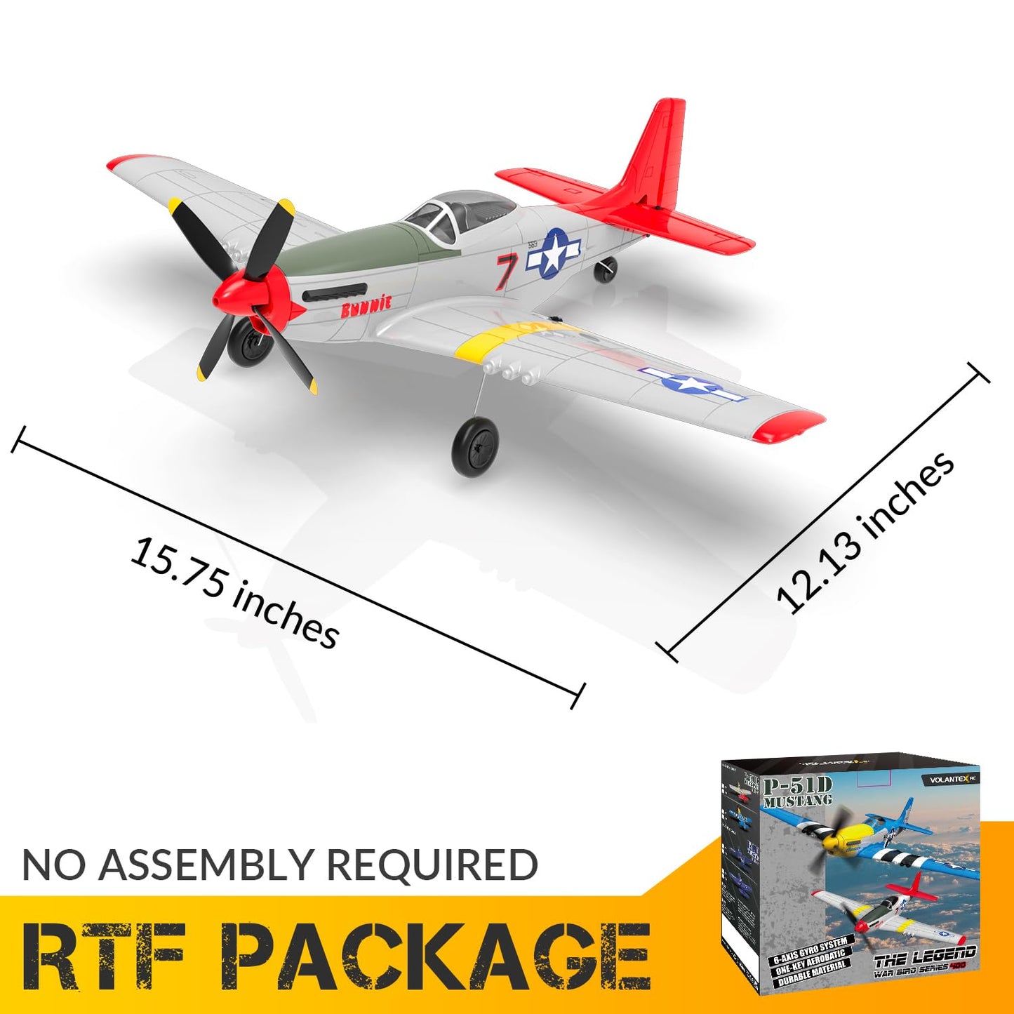 VOLANTEXRC 4-Channel RC Airplane, P51 Mustang-Red, Fixed Wing, One-Touch Aerobatics, 400mm Wingspan, 2 Batteries, 20 Minutes Flight time, Under 100g, Suitable for Novice Outdoor Practice(RTF)