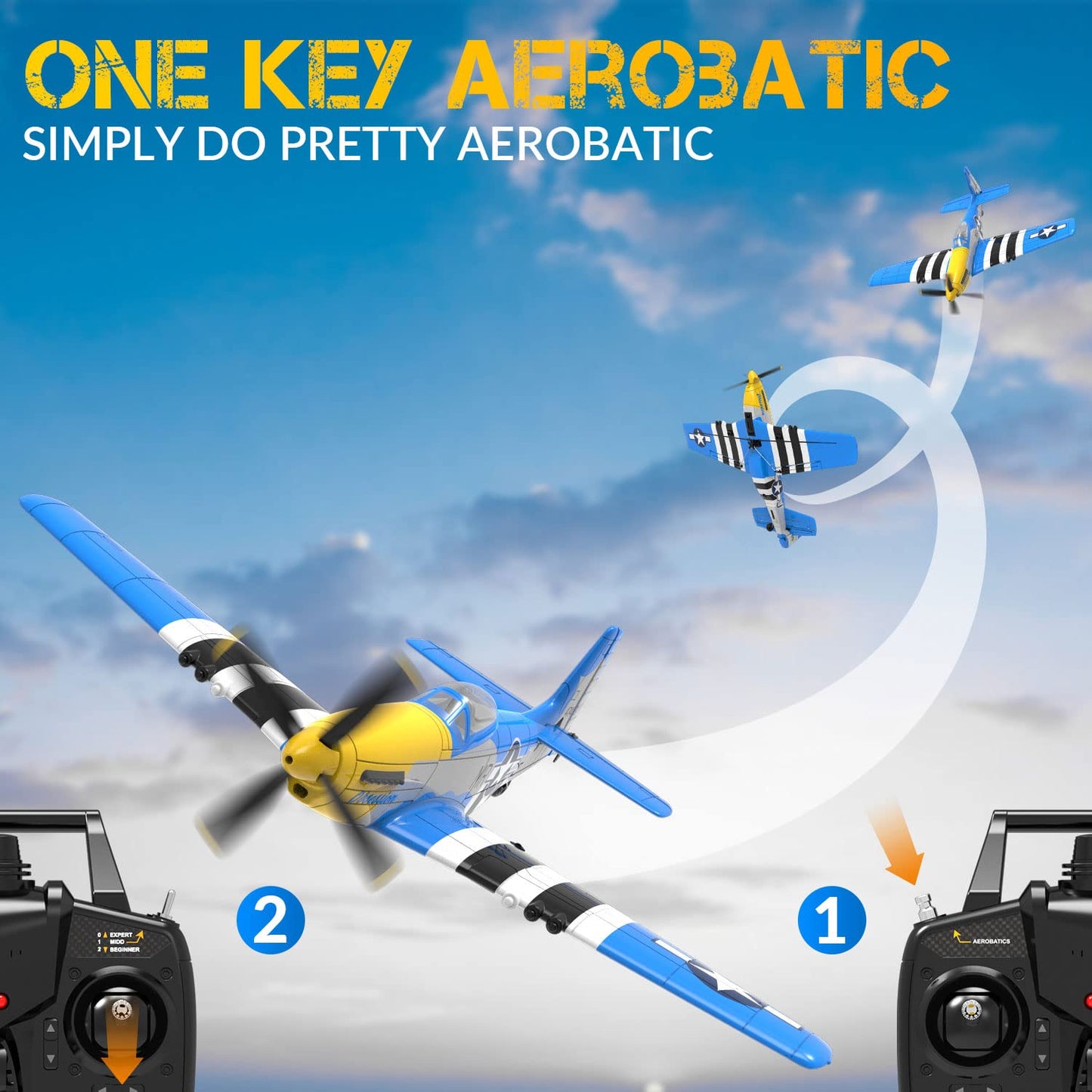 VOLANTEXRC 4-Channel RC Airplane, P51 Mustang-Blue, Fixed Wing, One-Touch Aerobatics, 400mm Wingspan, 2 Batteries, 20 Minutes Flight time, Under 100g, Suitable for Novice Outdoor Practice(RTF)