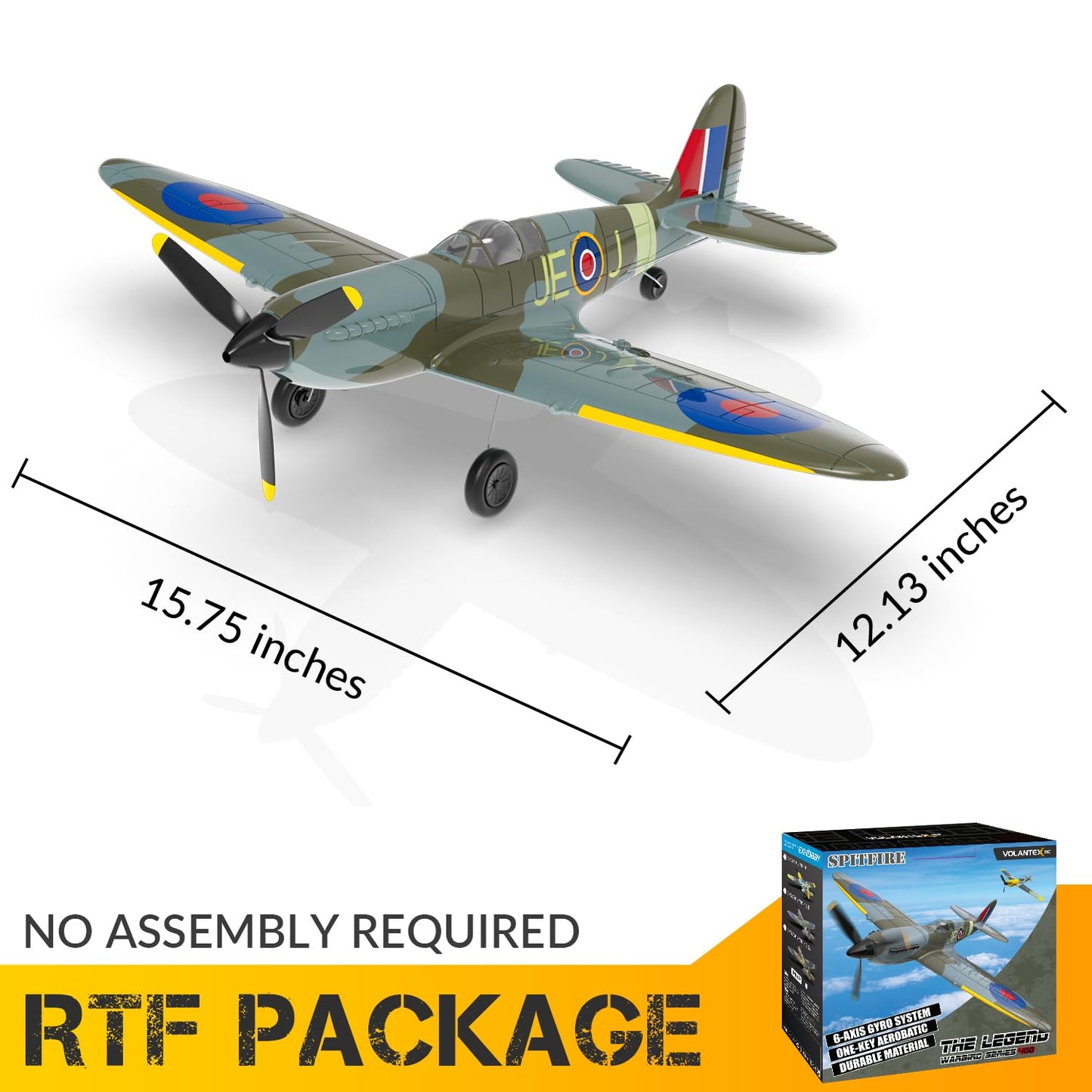 VOLANTEXRC 4-Channel RC Plane,Spitfire-Blue,Fixed Wing, One-Touch Aerobatics, 400mm Wingspan, 2 Batteries, 20 Minutes Flight time, Under 100g, Suitable for Novice Outdoor Practice(RTF)