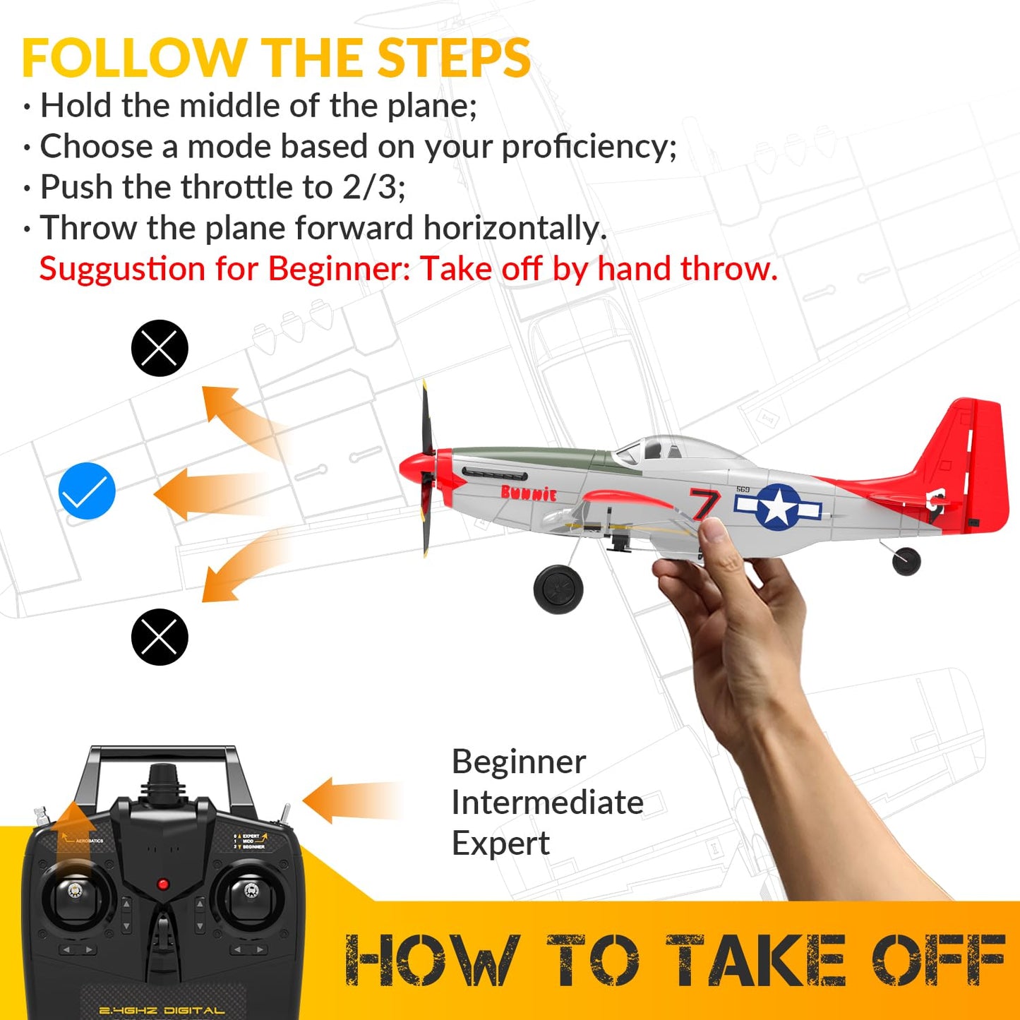 VOLANTEXRC 4-Channel RC Airplane, P51 Mustang-Red, Fixed Wing, One-Touch Aerobatics, 400mm Wingspan, 2 Batteries, 20 Minutes Flight time, Under 100g, Suitable for Novice Outdoor Practice(RTF)